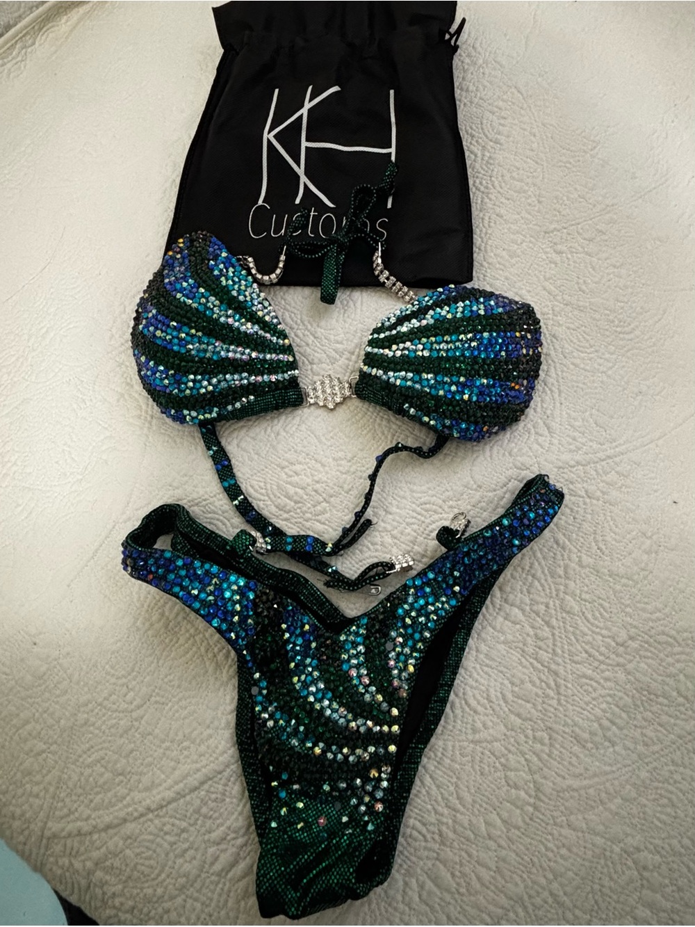 Crystal-Embellished Figure Competition Suit in Emerald & Teal